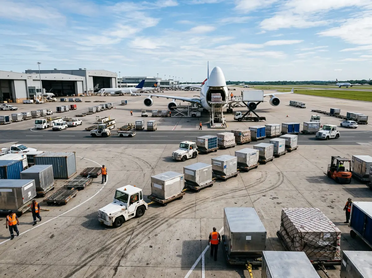 Luftfracht-Spedition - ULD-Container und Luftfrachtpaletten auf dem Vorfeld vor der Verladung