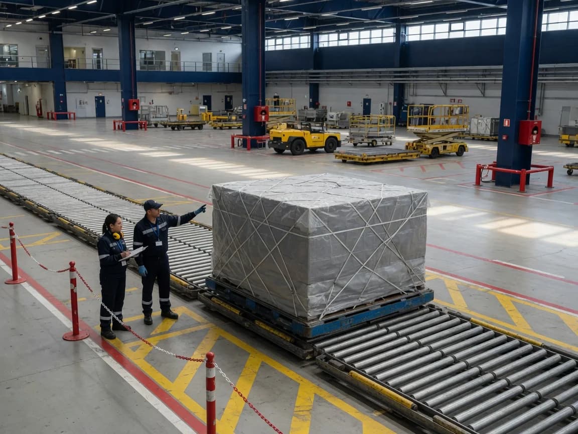 Air Cargo Charter: gesicherte Industriefracht bei der Handlingprüfung im Frachtterminal