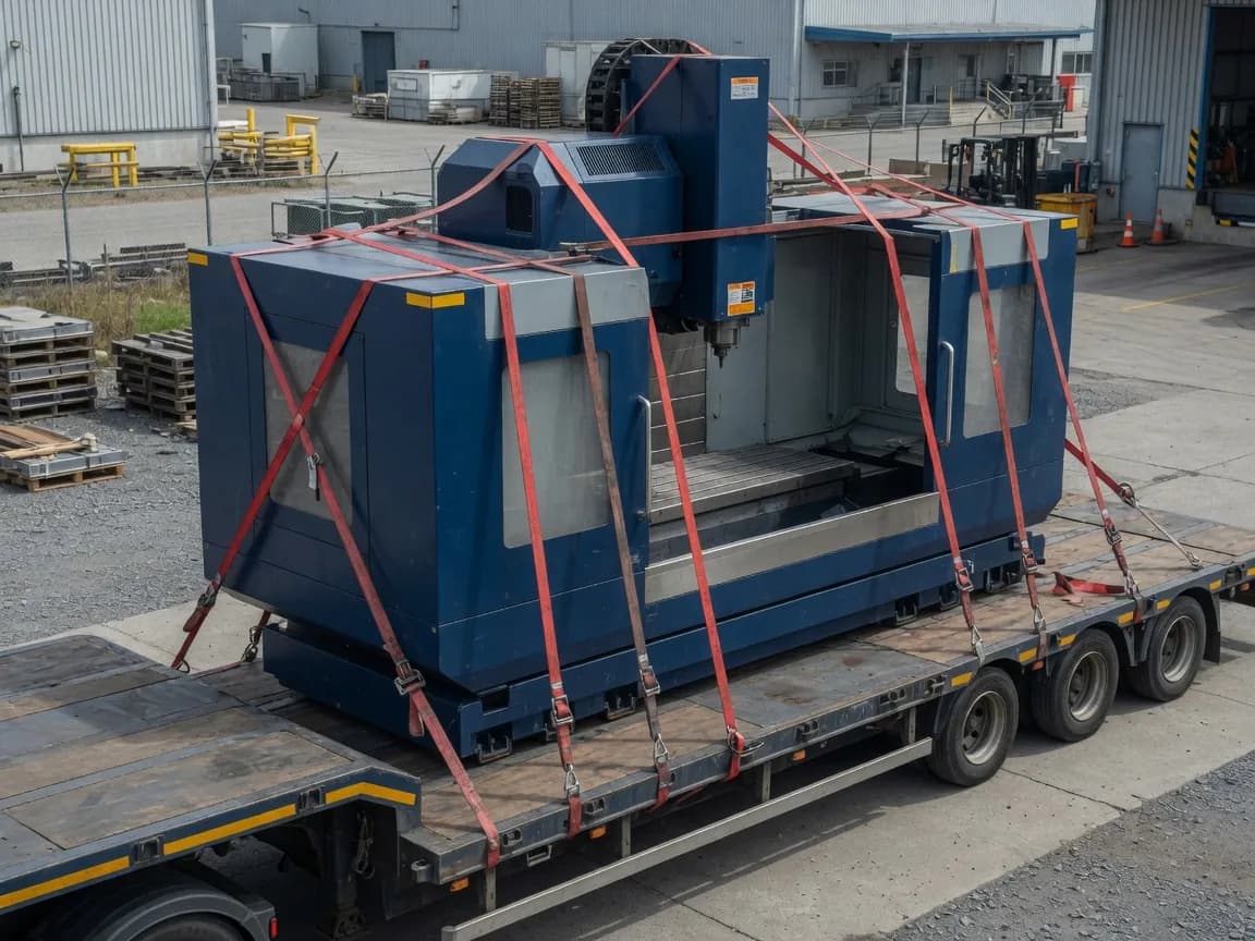 maschinentransport - Werkzeugmaschine gesichert auf einem Tieflader bei der Verladung