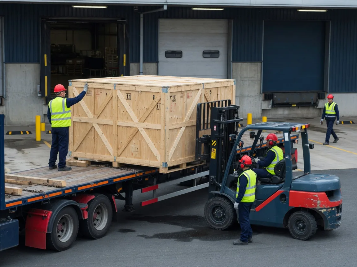 maschinentransport - Verladung einer verpackten Industriemaschine per Gabelstapler auf einen LKW