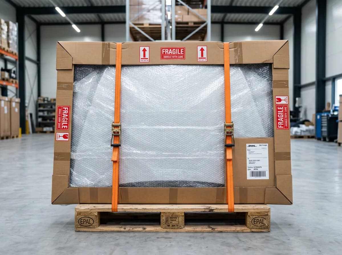 Motorhaube versenden - Fertig verpackte Motorhaube in Kartonage auf Palette mit Spanngurten gesichert