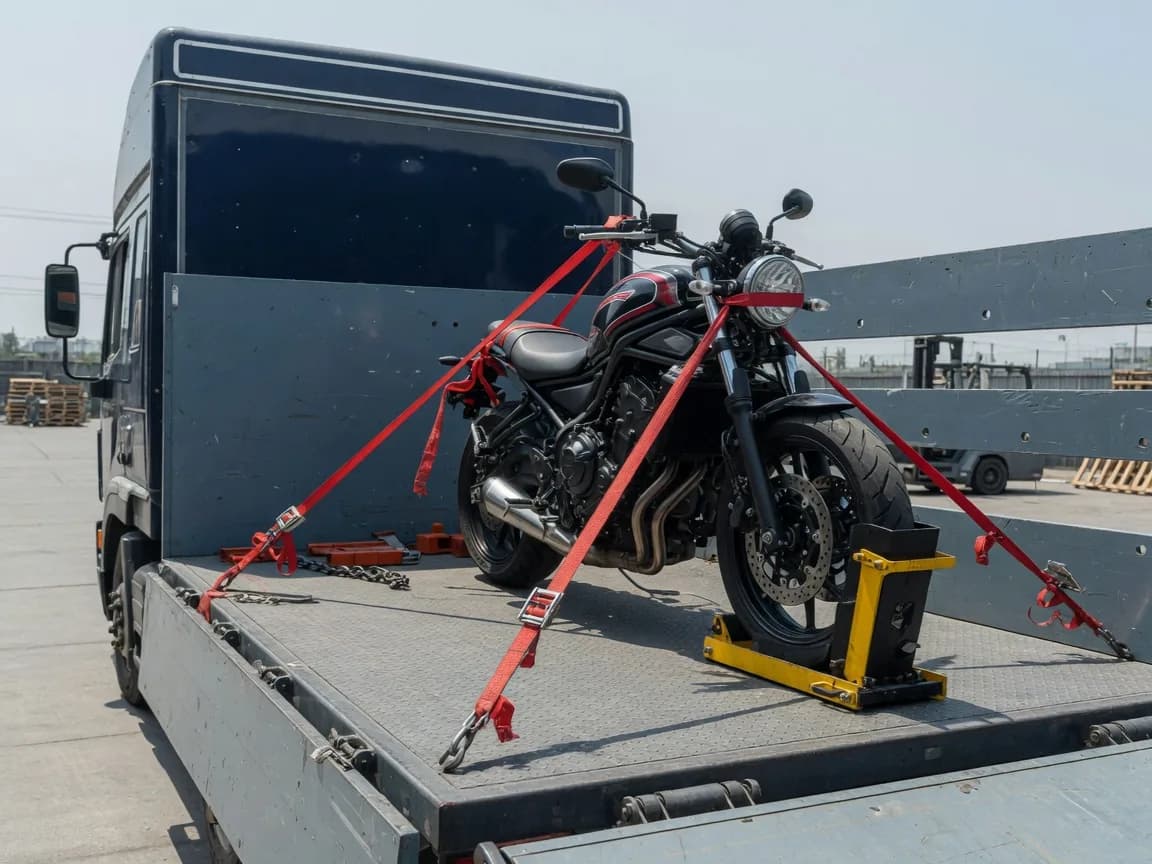 motorradtransport - Motorrad gesichert auf einem LKW bei der Verladung