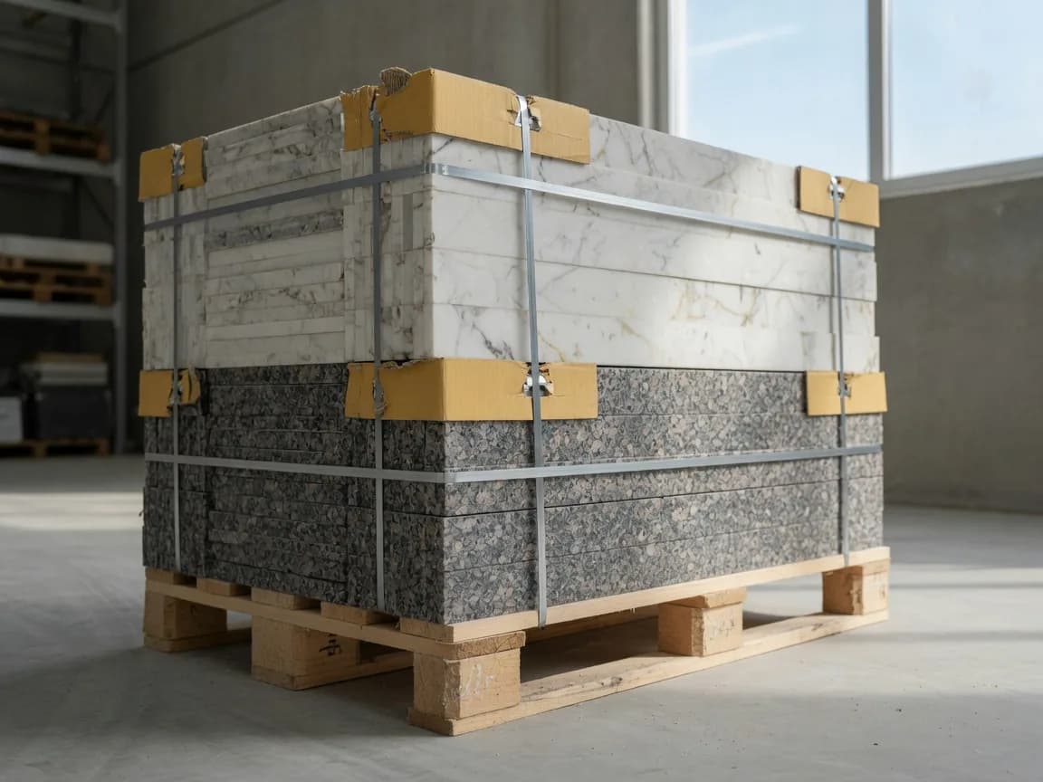 Naturstein Transport - palettierte Steinplatten umreift auf Einwegpalette