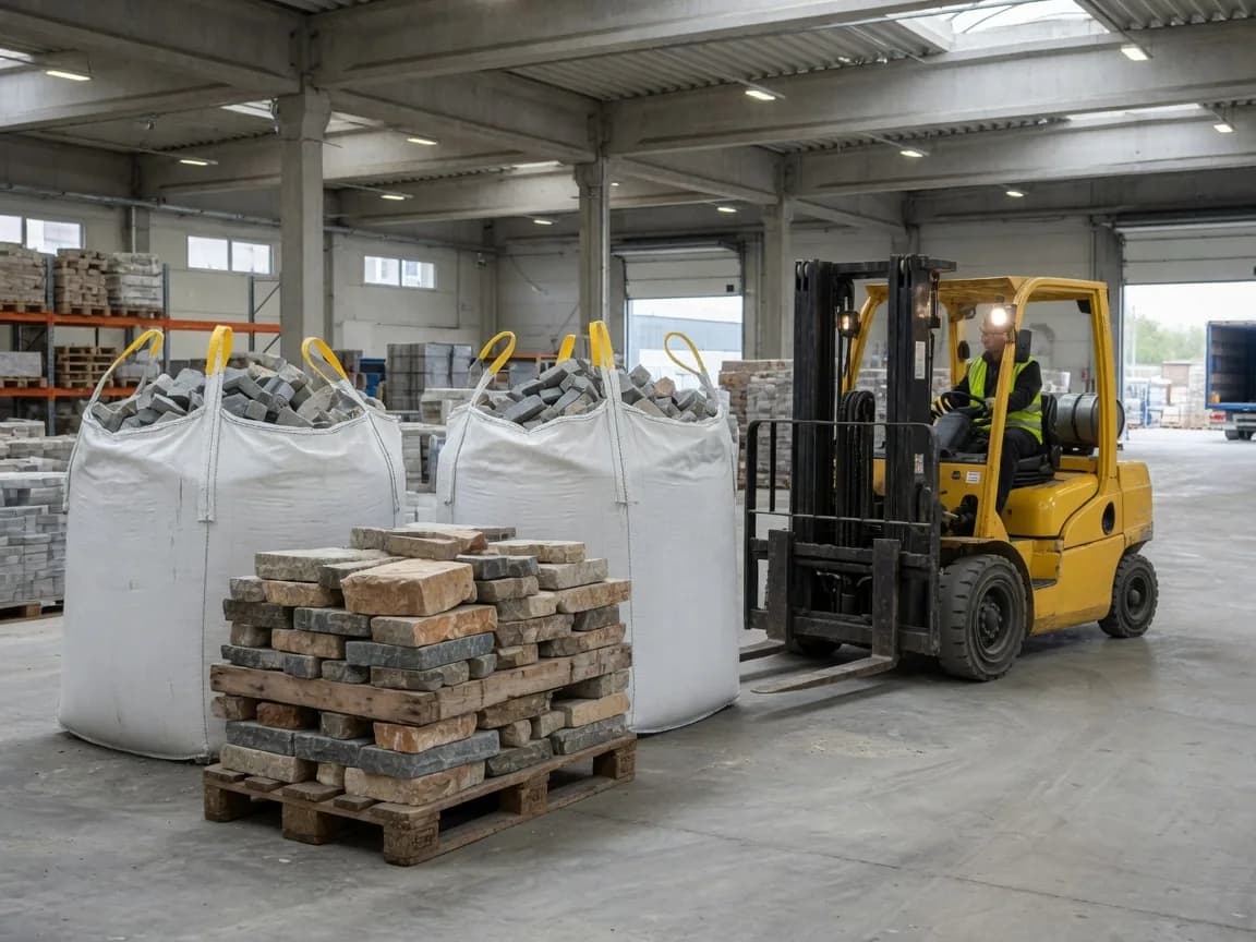 Naturstein Transport - Big Bags mit Pflastersteinen und Gabelstapler in der Halle