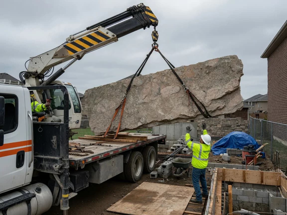 Naturstein Transport - Kran entlaedt schweren Naturstein an der Baustelle