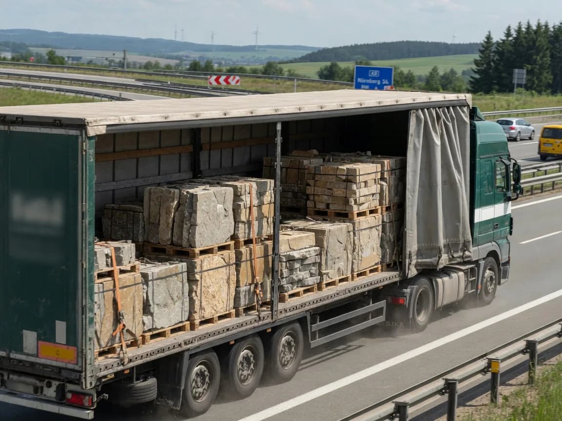 Naturstein Transport - Sattelzug mit Natursteinen aus europaeischem Steinbruch