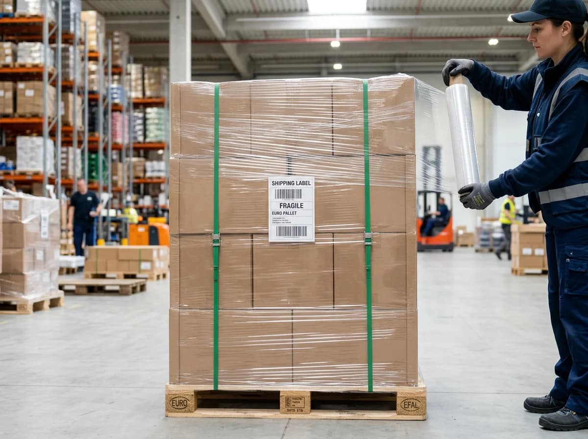 Mitarbeiterin sichert Kartons auf einer Europalette mit Folie und Umreifung