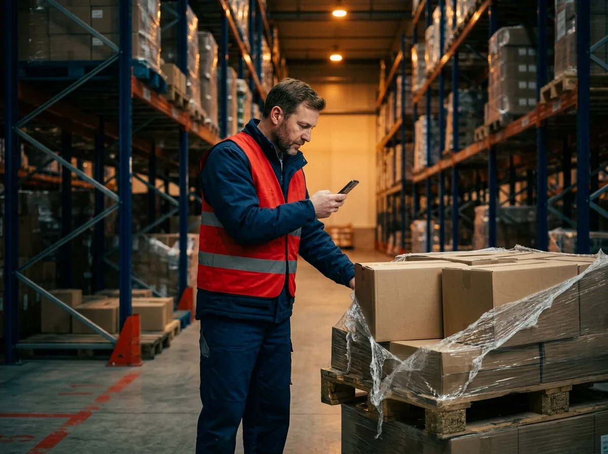 Palettenversand - Lagerarbeiter dokumentiert Transportschaden mit Smartphone-Foto für CMR-Haftung und Transportversicherung