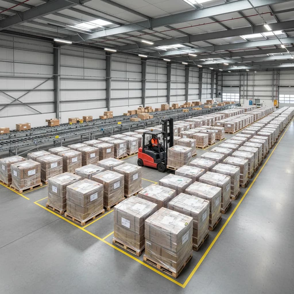 Produkt versenden - Diverse Produkte auf Paletten im modernen Logistikzentrum