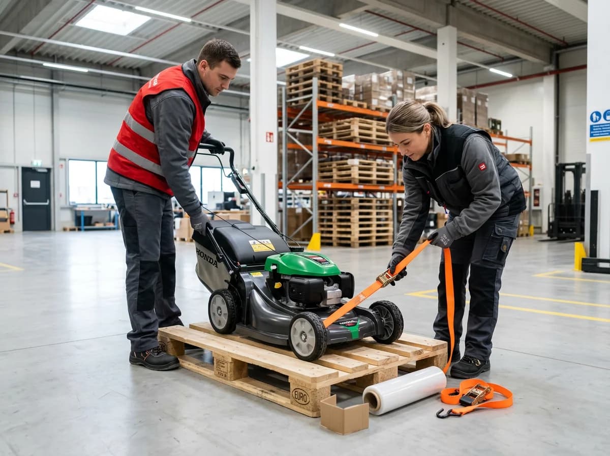Rasenmäher versenden - Logistikmitarbeiter sichern Rasenmäher auf Europalette mit Spanngurten
