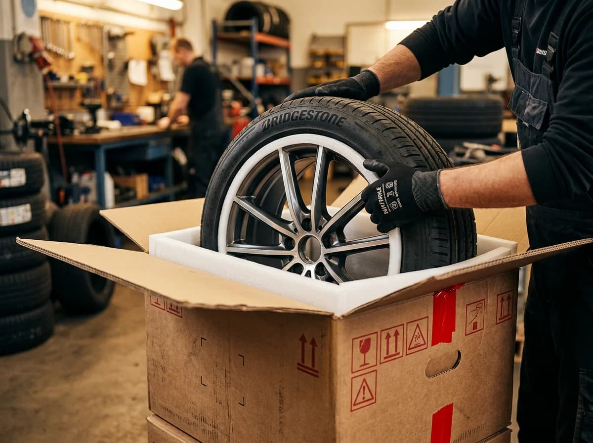 Reifen versenden - Komplettrad mit Alufelge für den Versand in Reifenkarton verpacken