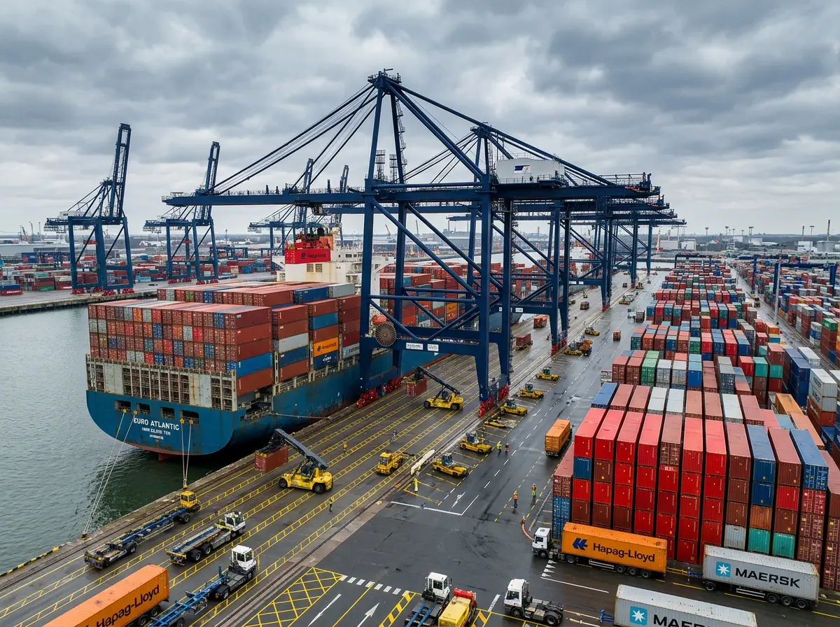 Seefracht China Deutschland - Containerschiff wird im europaeischen Hafen entladen