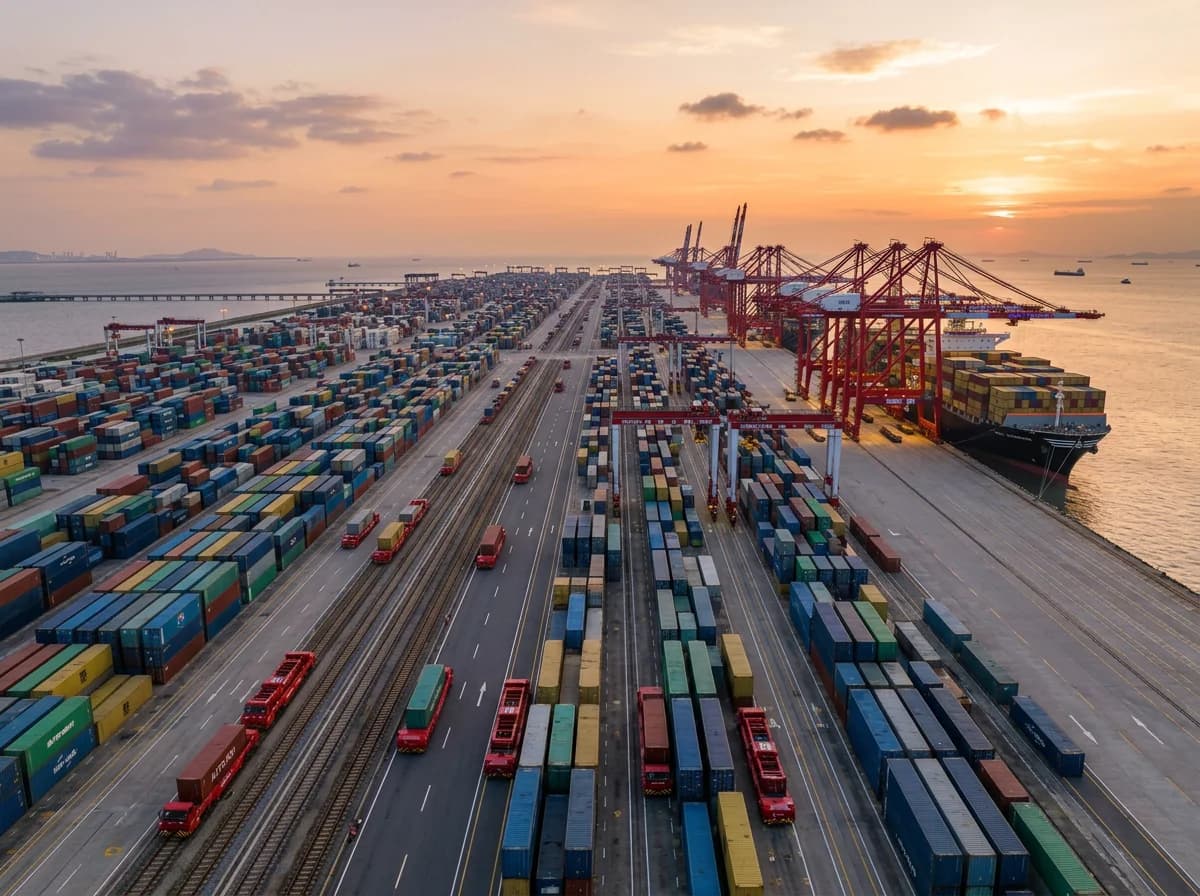 Seefracht China Deutschland - Shanghai Yangshan Containerhafen bei Sonnenuntergang