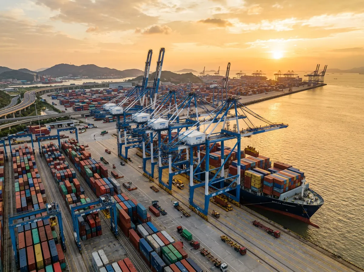 Seefracht Ningbo Bremen - Ningbo-Zhoushan Containerhafen mit Kraenen und Frachtschiffen