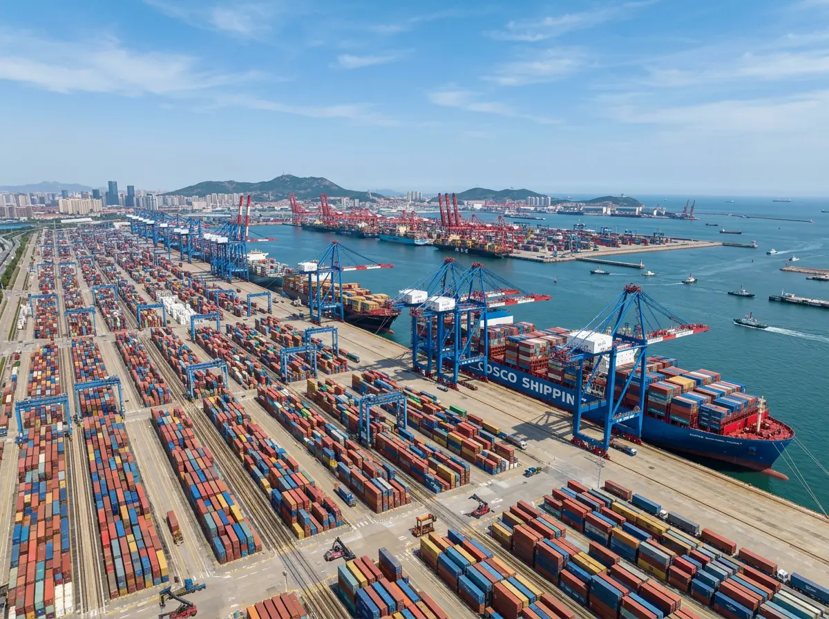 Seefracht Qingdao Bremerhaven - Luftaufnahme des Containerhafens Qingdao mit modernen Terminals und Frachtschiffen
