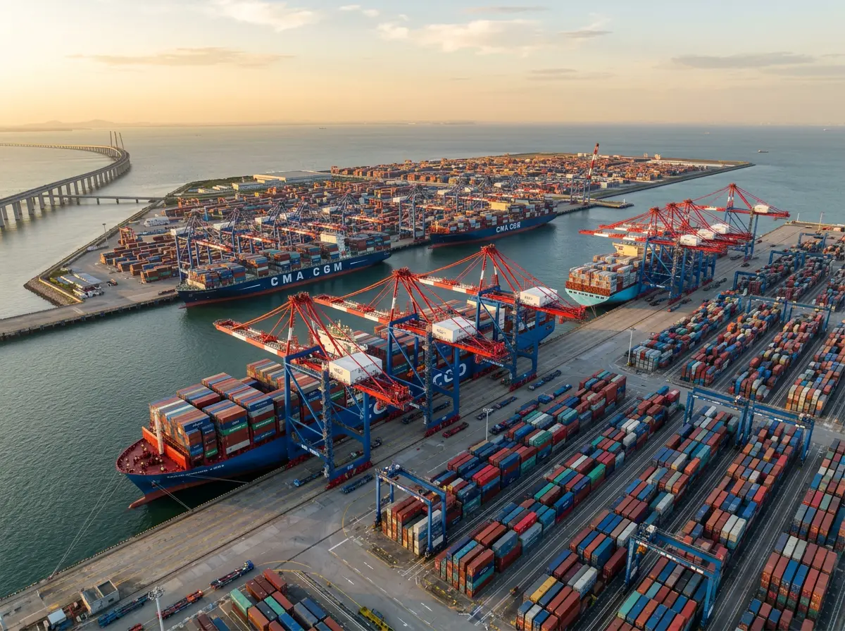 Seefracht Shanghai Hamburg - Yangshan Deep-Water Port mit Containerschiffen und Kränen