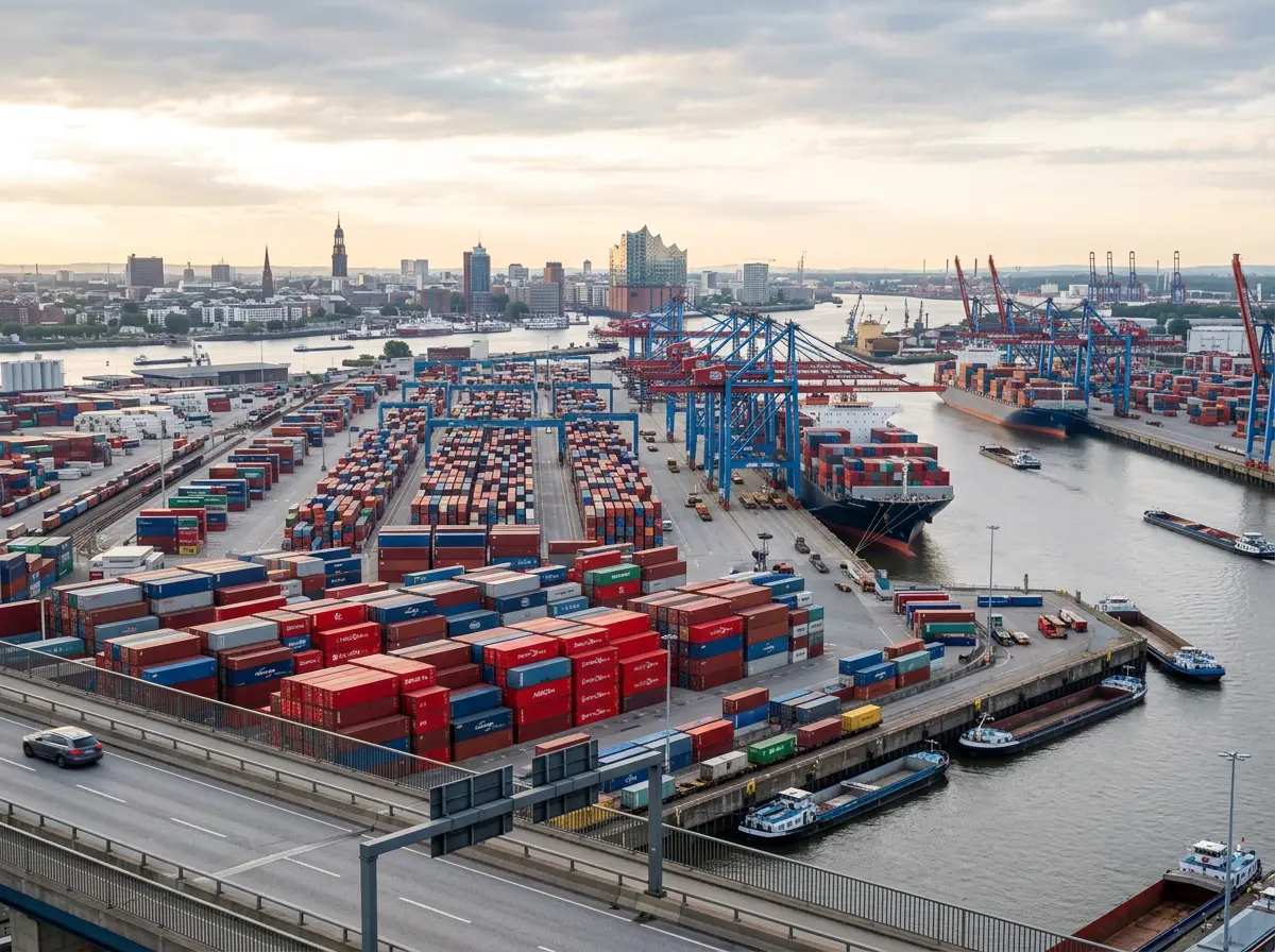 Seefracht Shanghai Hamburg - Hamburger Hafen Container Terminal mit Elbphilharmonie