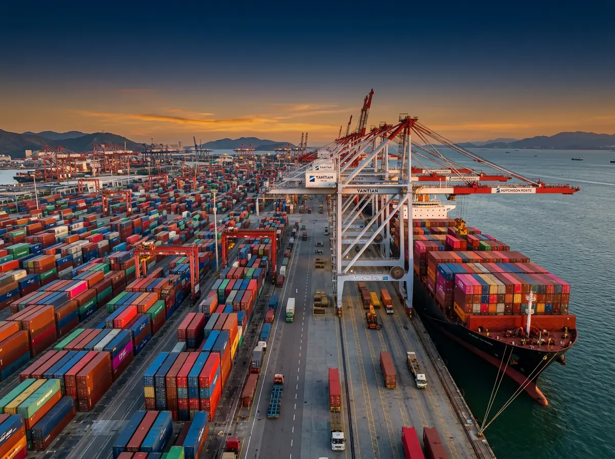 Seefracht Shenzhen Hamburg - Yantian International Container Terminal mit Kraenen und Containerschiffen