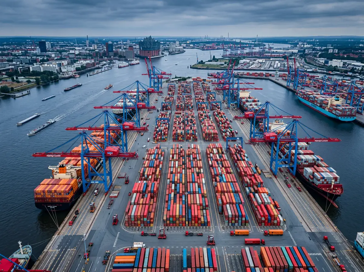 Seefracht Shenzhen Hamburg - Hamburger Hafen Burchardkai Container Terminal Vogelperspektive