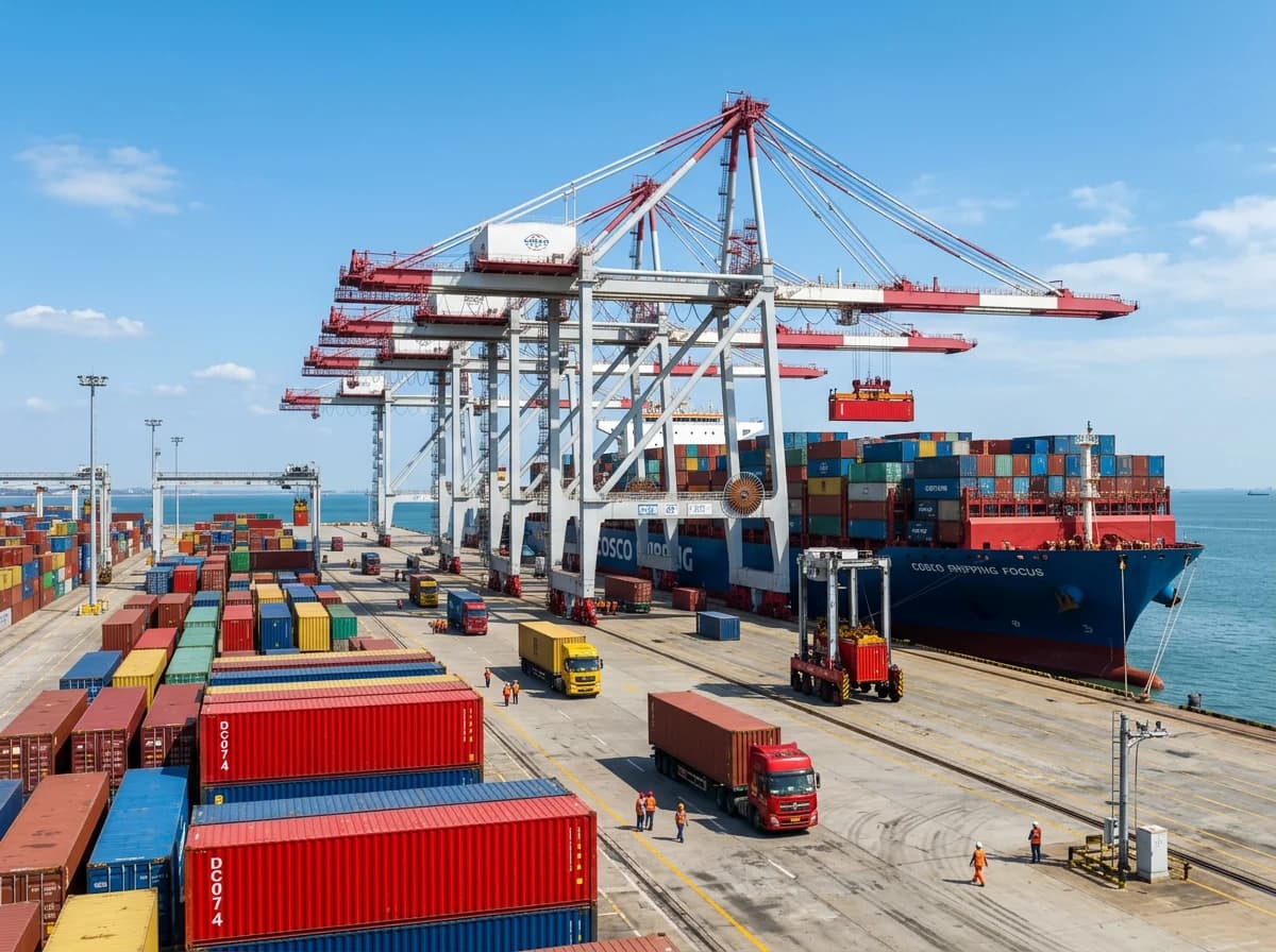 Seefracht Tianjin Hamburg - Hafen Tianjin Xingang mit Containerkränen und COSCO-Schiff