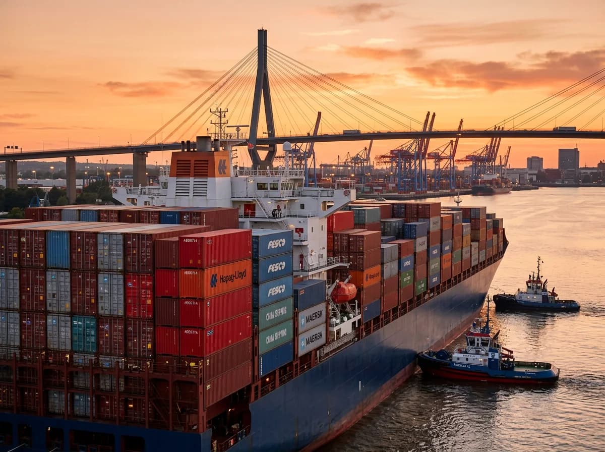 Seefracht Tianjin Hamburg - Containerschiff im Hamburger Hafen bei Sonnenuntergang mit Köhlbrandbrücke