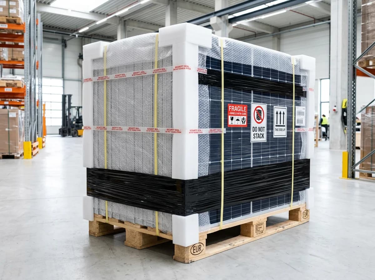Solarmodule versenden - PV-Module stehend verpackt auf Palette mit Kantenschutz