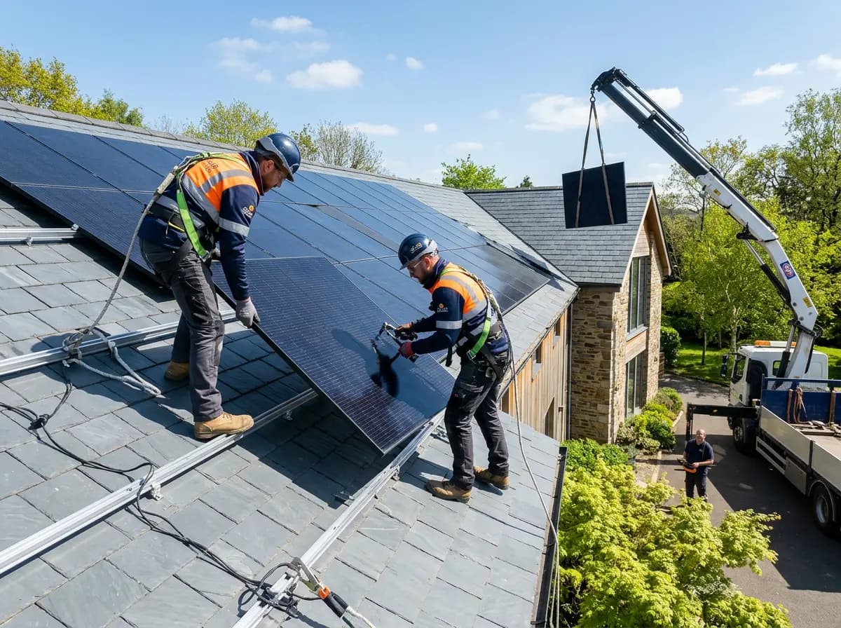 Solarmodule transportieren - Installateure montieren PV-Module auf dem Hausdach
