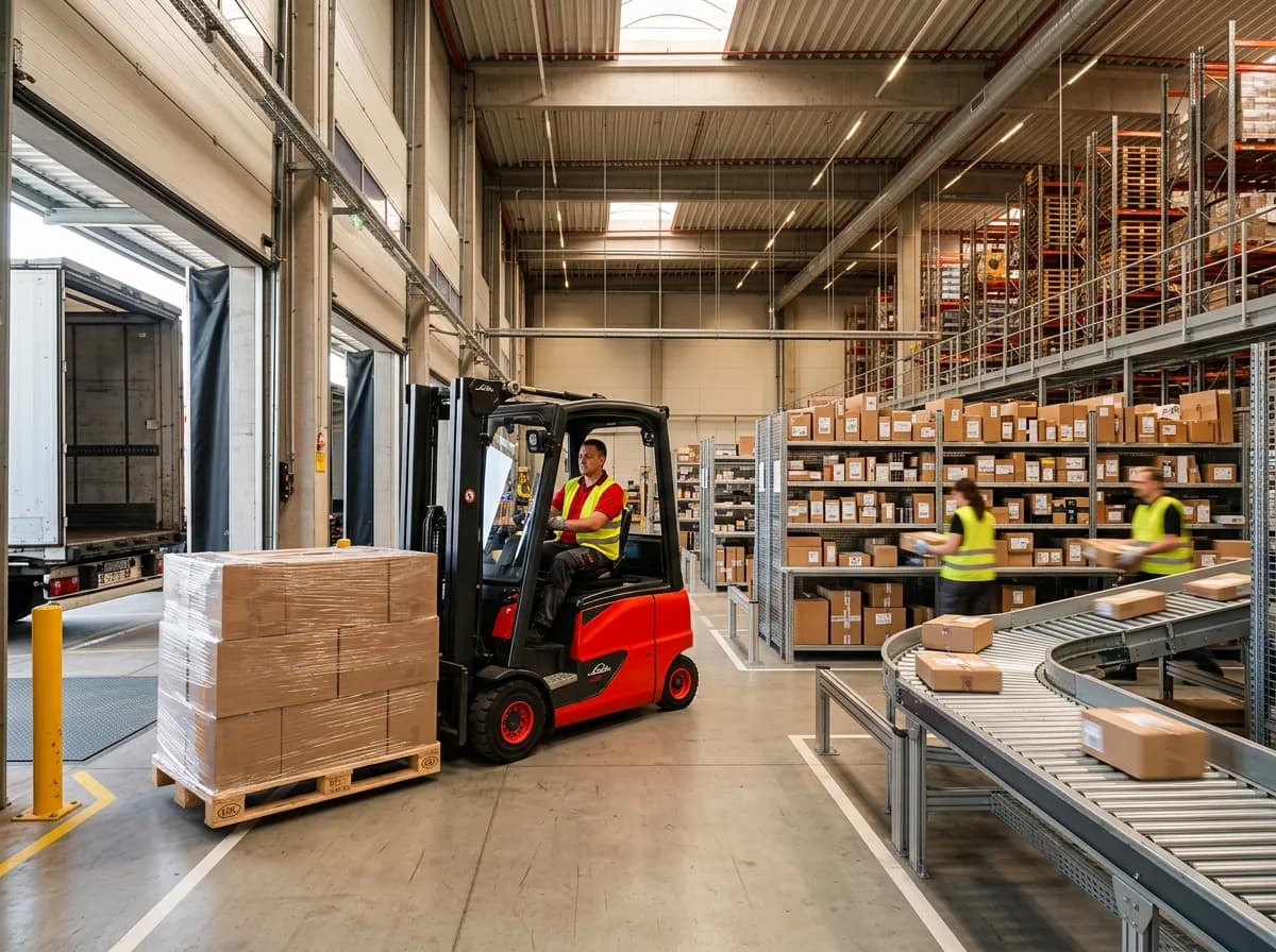 Spedition beauftragen - Gabelstapler mit Euro-Paletten im modernen Logistiklager