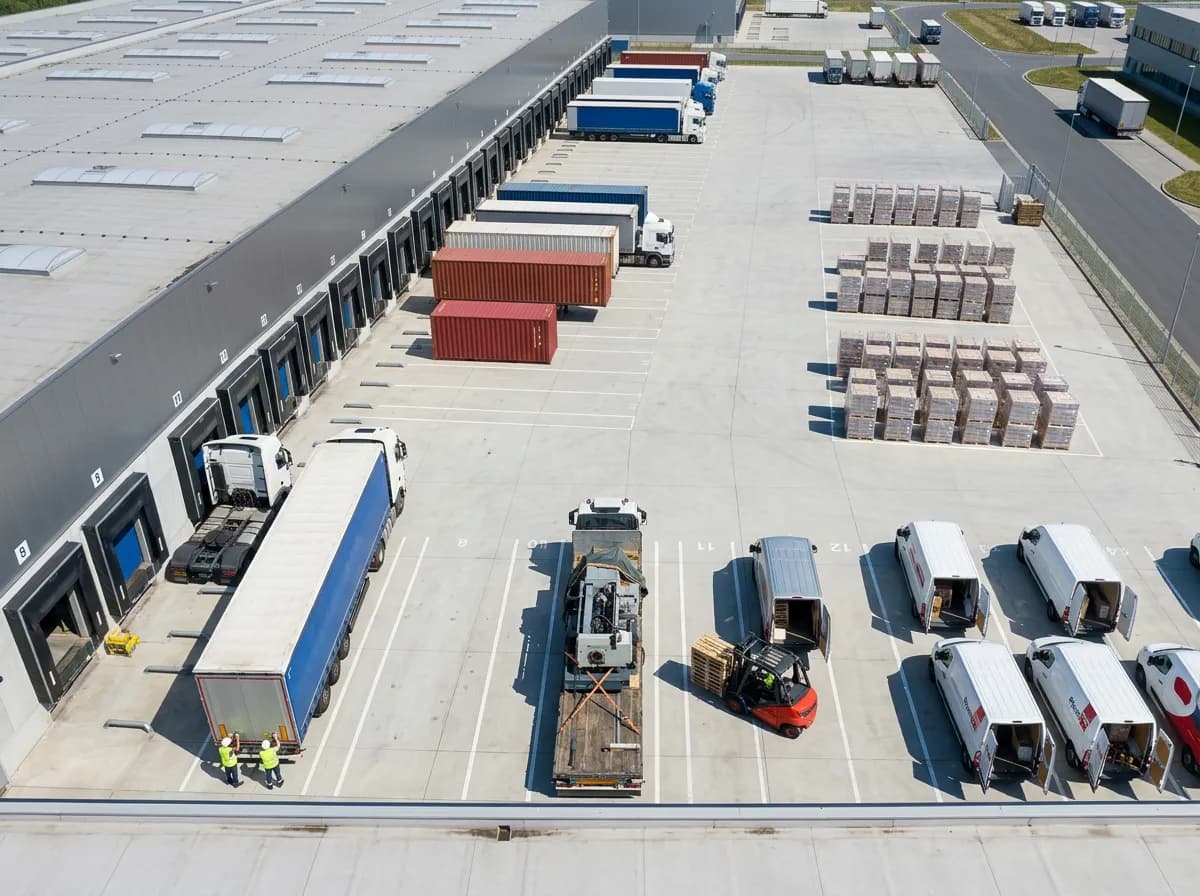 Speditionshof mit LKW und vorbereiteten Sendungen