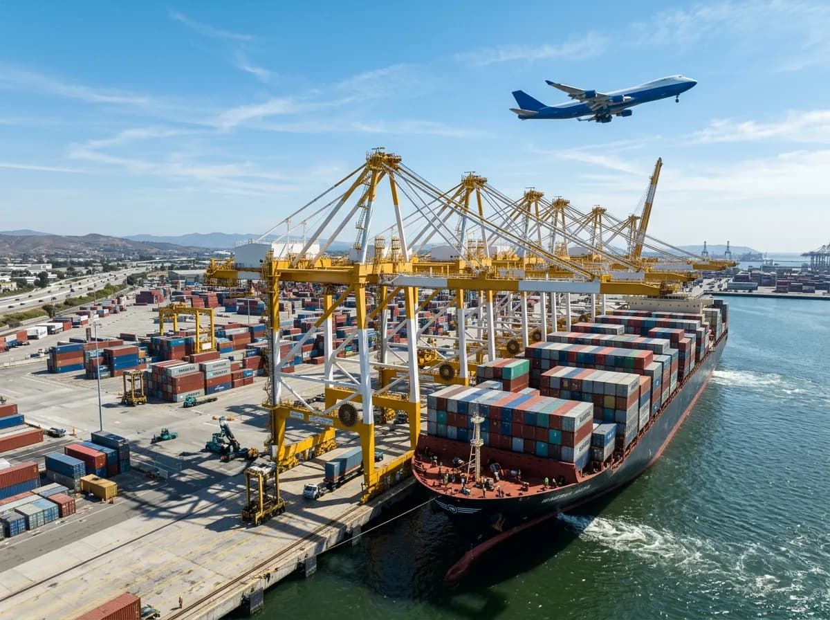 Spedition USA - Containerhafen mit Kran und Frachtflugzeug