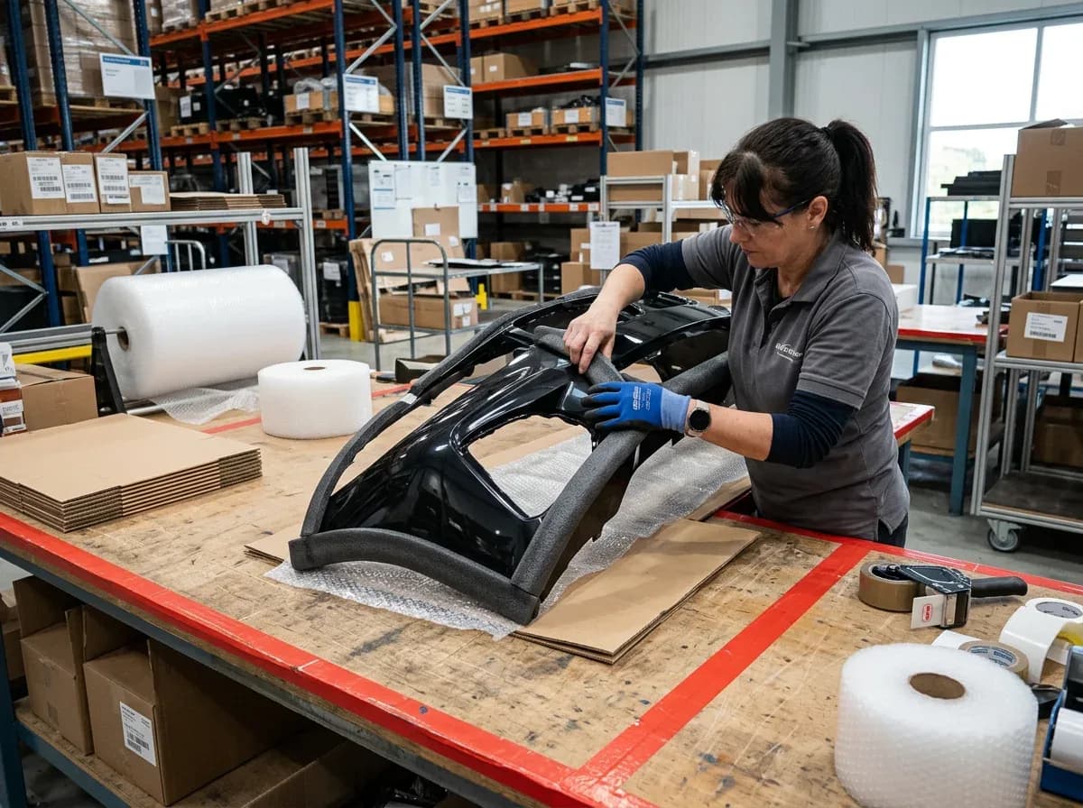 Stoßstange versenden - Verpackungsprozess mit Kantenschutz und Luftpolsterfolie