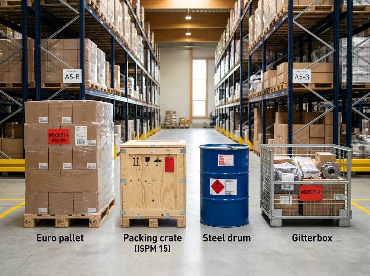 Stückgut-Beispiele – Europalette, Seekiste, Stahlfass und Gitterbox im Lager