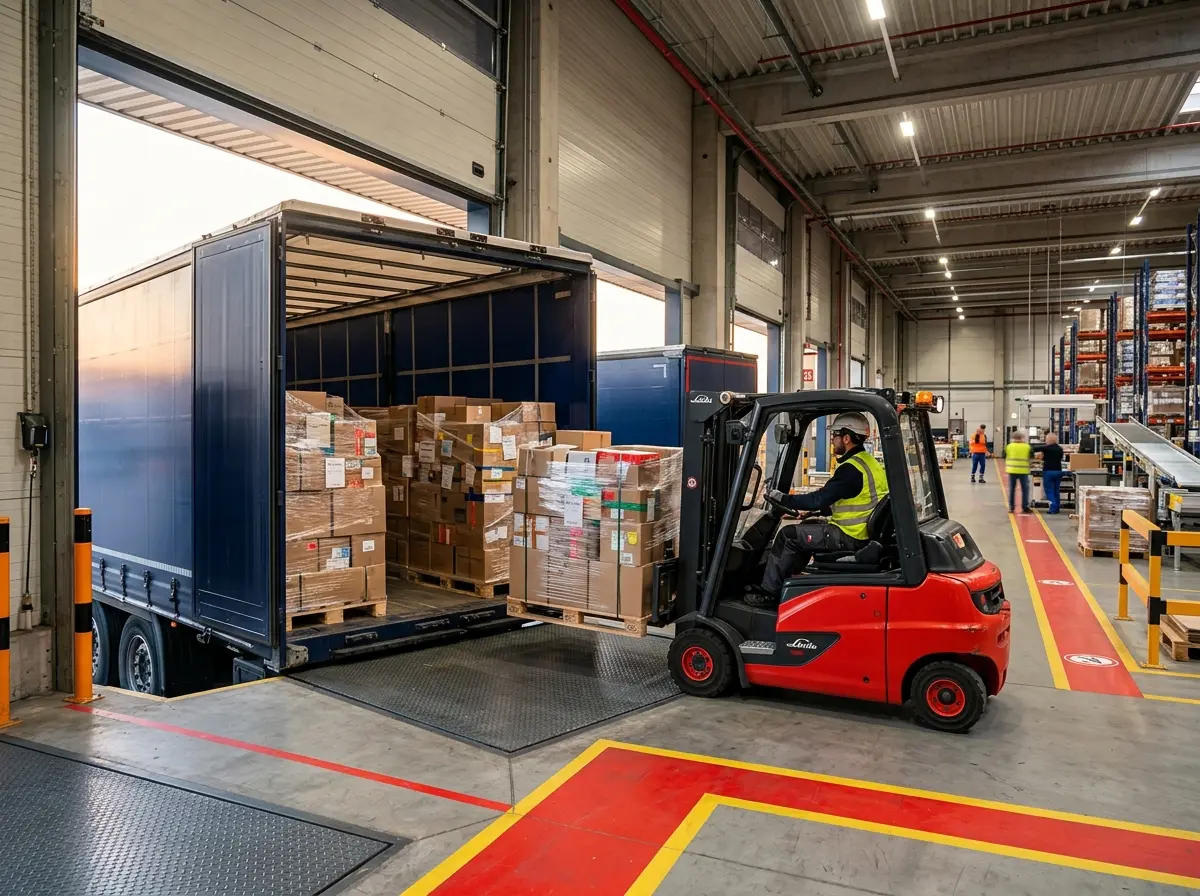 Stückgut-Transport – Gabelstapler belädt LKW-Trailer mit Paletten am Umschlagslager