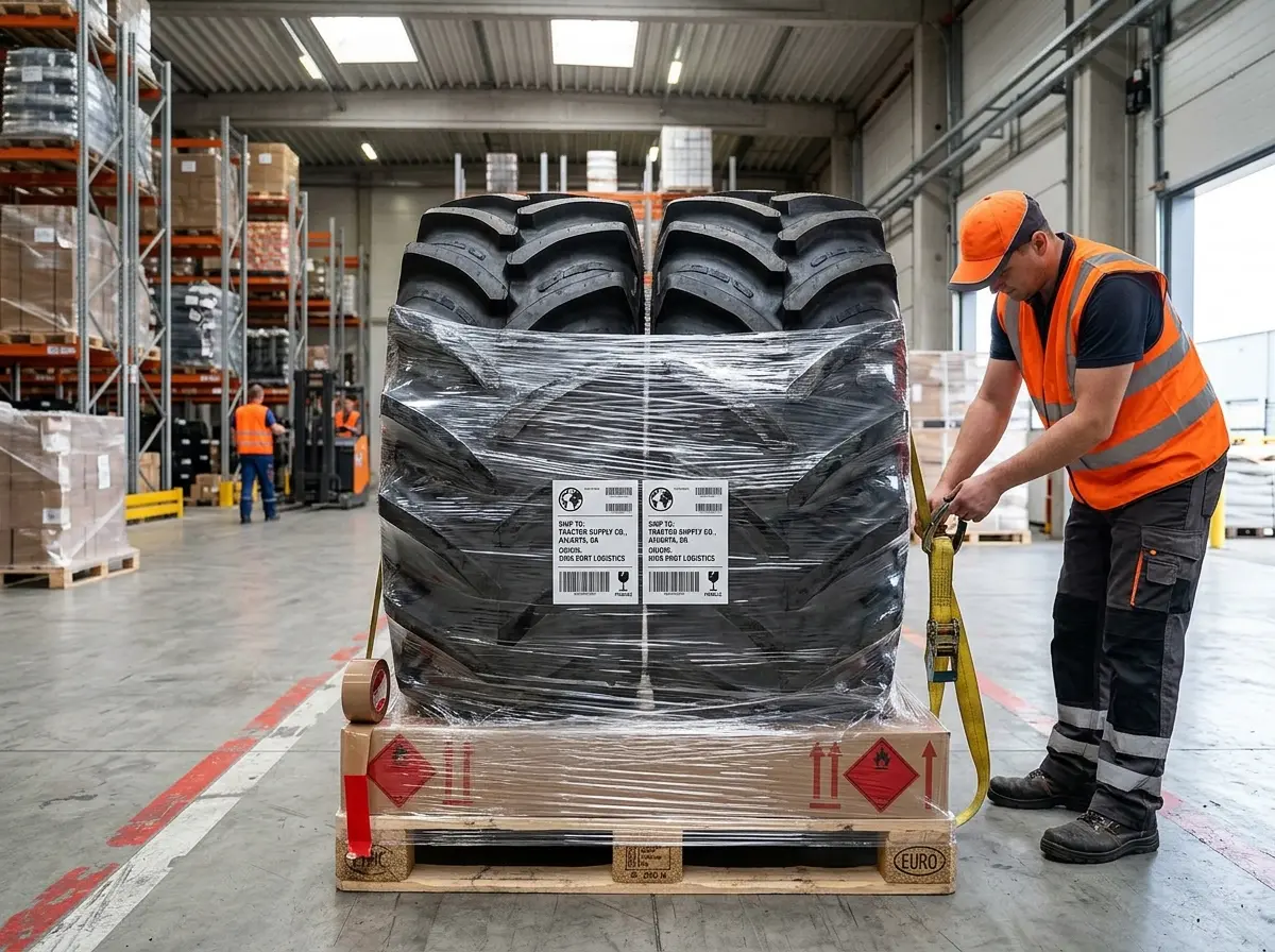 Treckerreifen versenden - Traktorreifen auf Palette verpackt