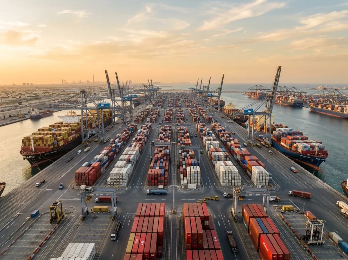 Versand Dubai Deutschland - Panorama des Jebel Ali Container-Terminals bei Sonnenuntergang