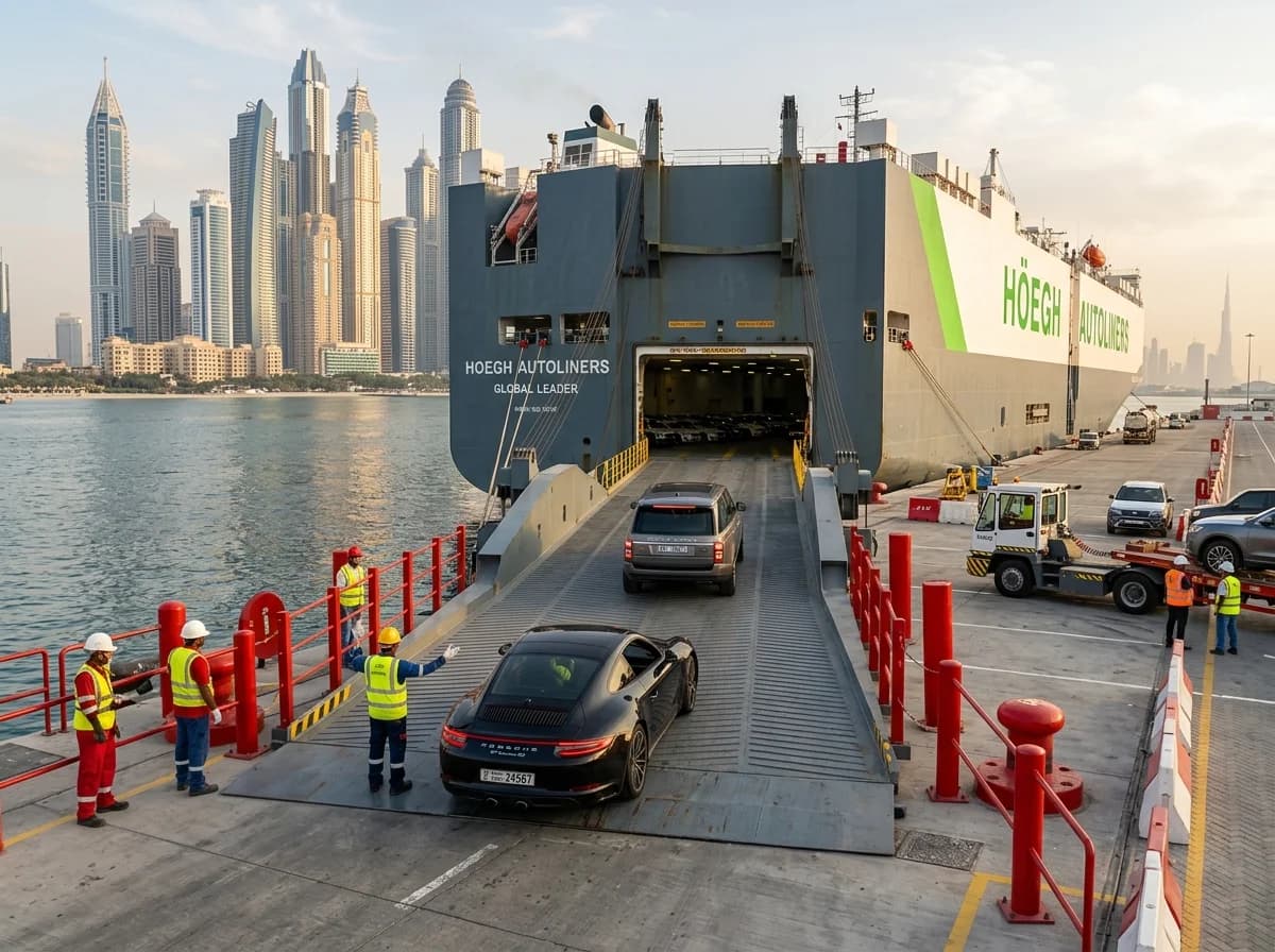 Versand Dubai Deutschland - Auto-Import Fahrzeugverladung auf RoRo-Schiff am Hafen Dubai