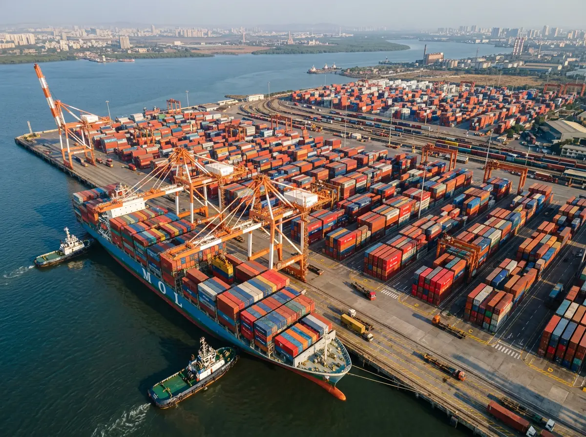 Import Indien Deutschland - Containerhafen Nhava Sheva Mumbai mit Kraenen und Containerschiffen