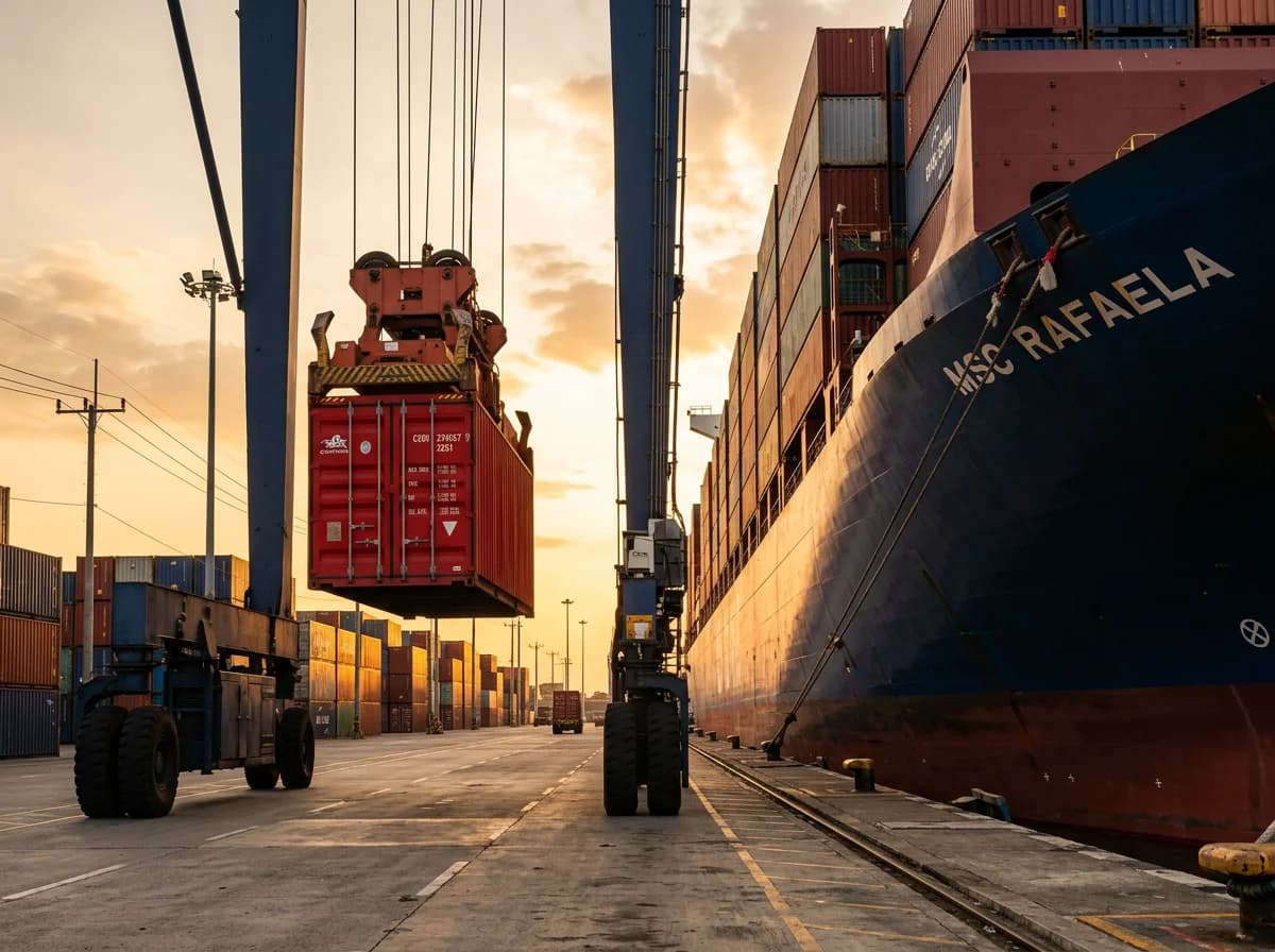 Versand von Indonesien nach Deutschland - Containerverladung im tropischen Hafen