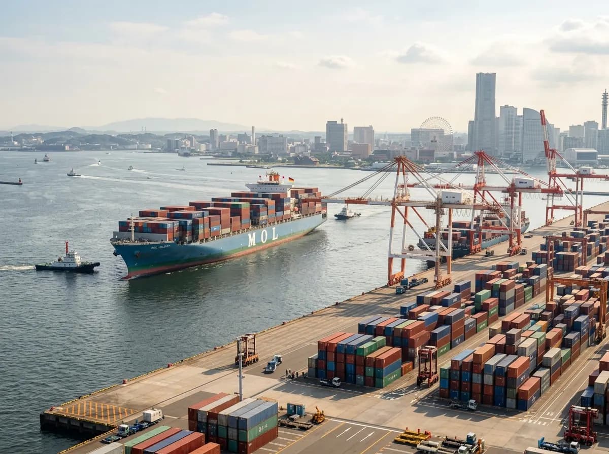 Versand von Japan nach Deutschland - Containerschiff im Hafen Yokohama
