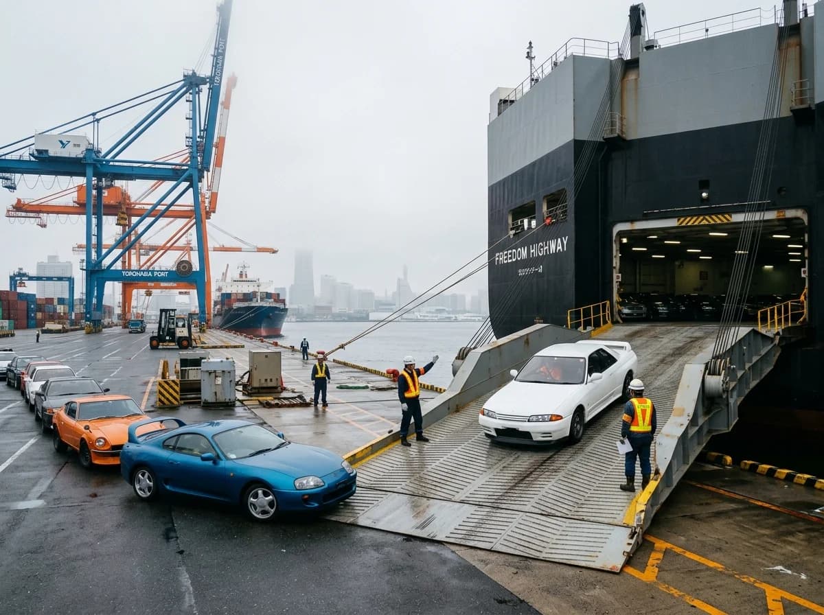 Auto Import aus Japan - JDM-Fahrzeuge am Hafen bereit zur RoRo-Verschiffung