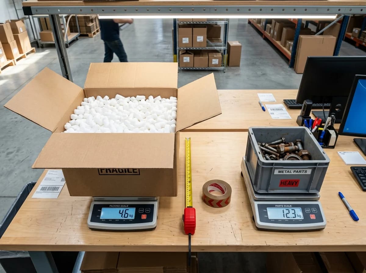 Volumengewicht berechnen - Vergleich großes leichtes Paket vs. kleines schweres Paket auf Waagen